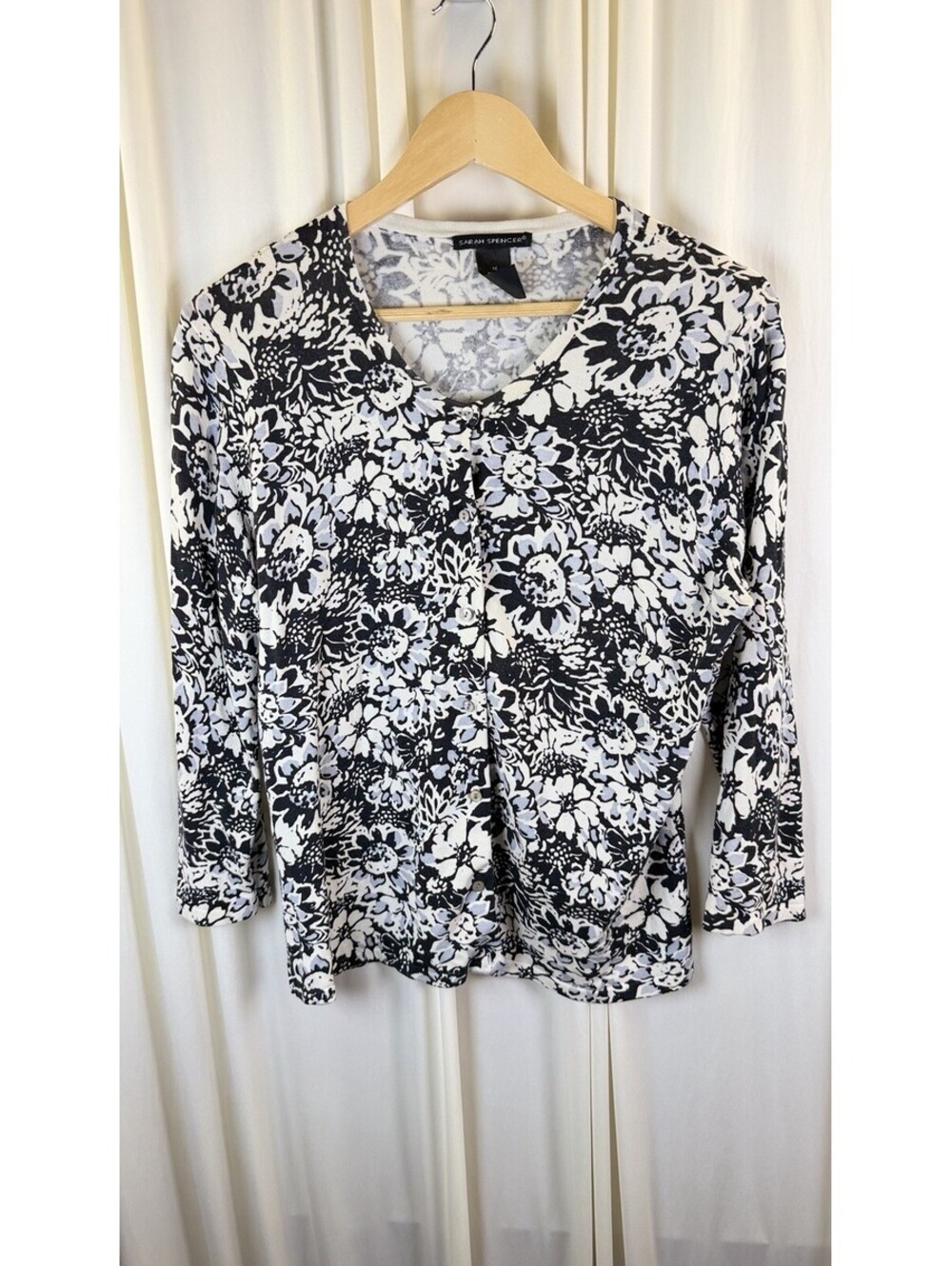 Carole Little Silk Blend Floral Cardigan Sweater Blue Black White Womens Sz M